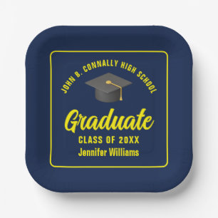 Personalized Navy Blue Yellow Graduation Party Paper Plate