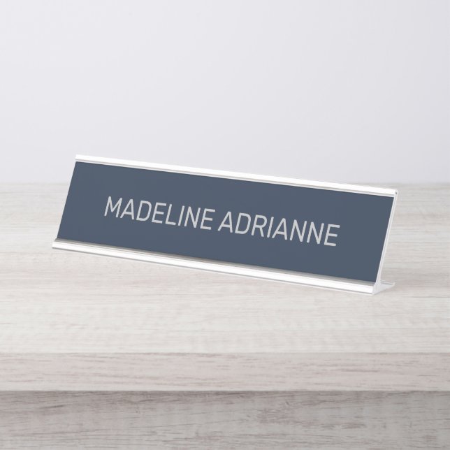 Personalized Navy & Silver Modern Desk Name Plate (Front)