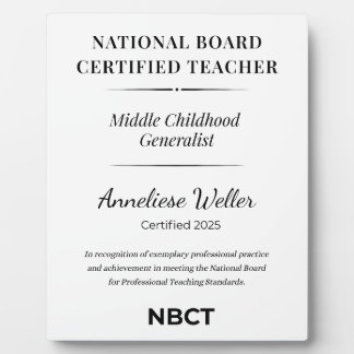 Personalized NBCT Middle childhood generalist Plaque