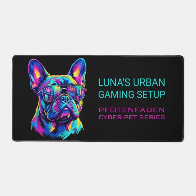Personalized Neon French Bulldog Gaming Desk Mat (Front)