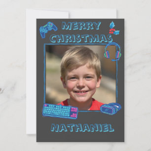 Personalized Neon Gamer Photo Flat Christmas  Holiday Card