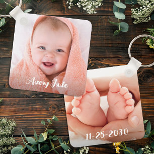 Personalized Newborn Baby Photo Name & Birthday Key Ring