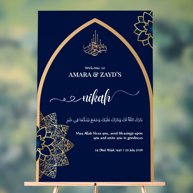 Personalized Nikah Welcome Sign – Gold & Dark Blue (Neutral)