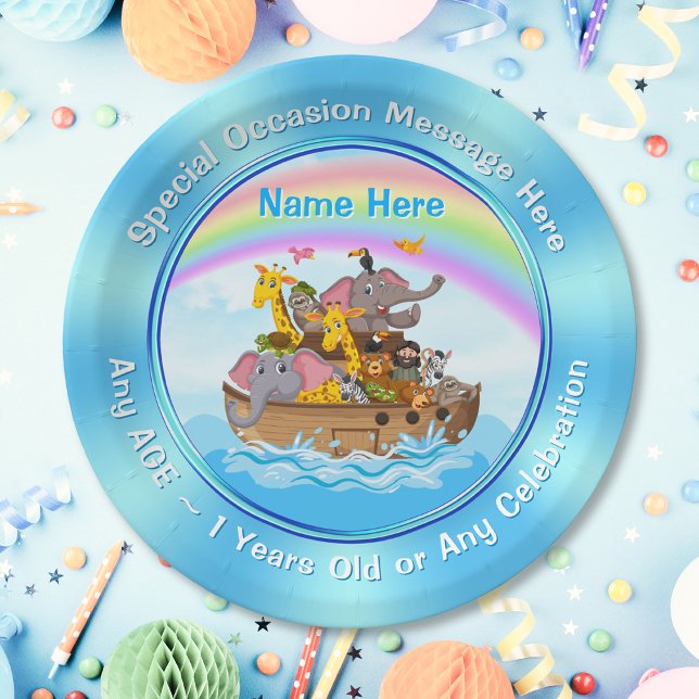 PERSONALIZED, Noah's Ark Paper Plates. 3 Sizes  Plate (Noah's Ark paper plates. Christian kids birthday party. Noah's ark decorations. Noahs Ark Plates.)