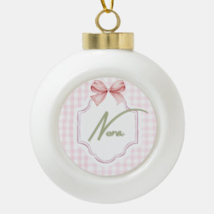 Personalized Nora Baby Girl Nursery Bow&Gingham  Ceramic Ball Christmas Ornament