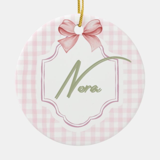 Personalized Nora Baby Girl Nursery Bow&Gingham  Ceramic Tree Decoration (Front)