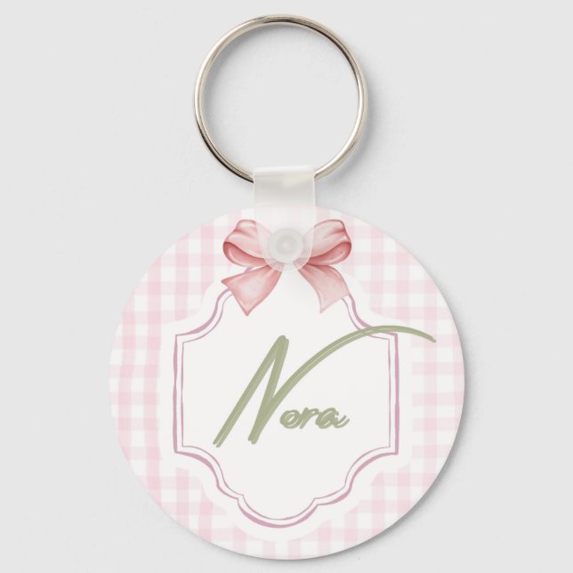 Personalized Nora Baby Girl Nursery Bow&Gingham  Key Ring (Front)
