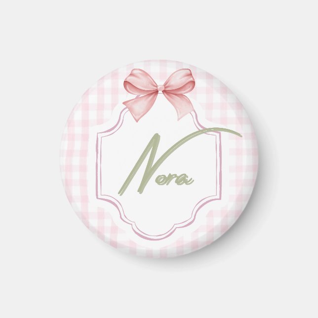 Personalized Nora Baby Girl Nursery Bow&Gingham  Magnet (Front)
