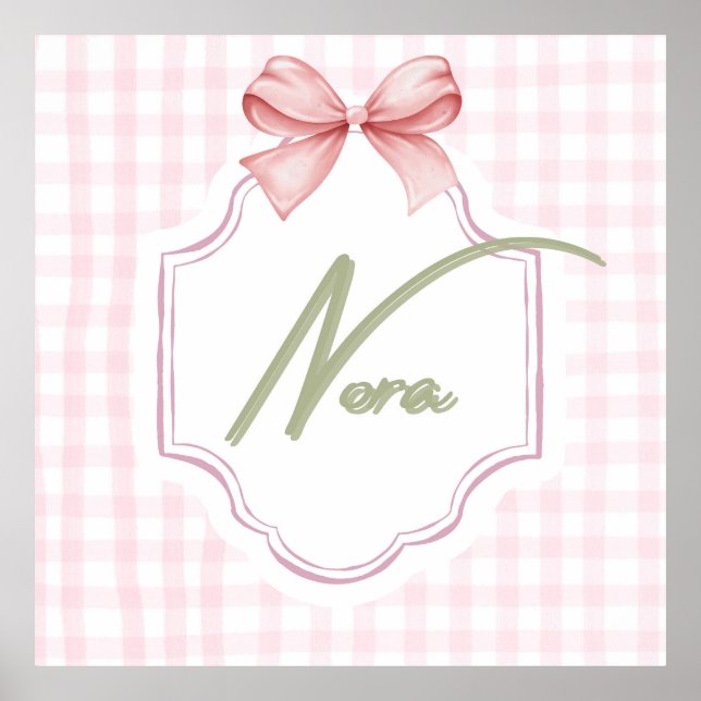 Personalized Nora Baby Girl Nursery Bow&Gingham  Poster (Front)