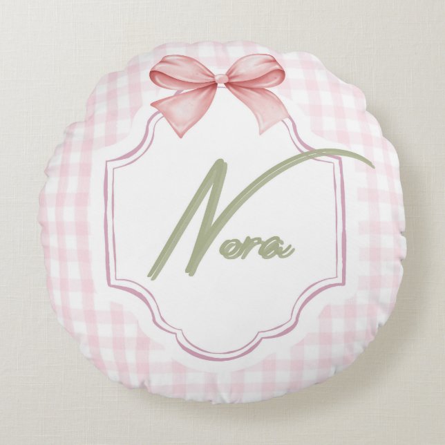Personalized Nora Baby Girl Nursery Bow&Gingham  Round Cushion (Front)