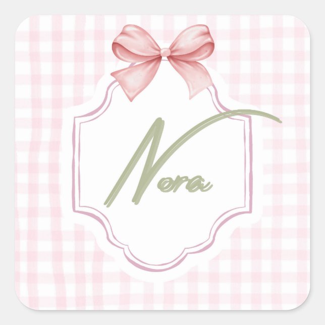 Personalized Nora Baby Girl Nursery Bow&Gingham  Square Sticker (Front)