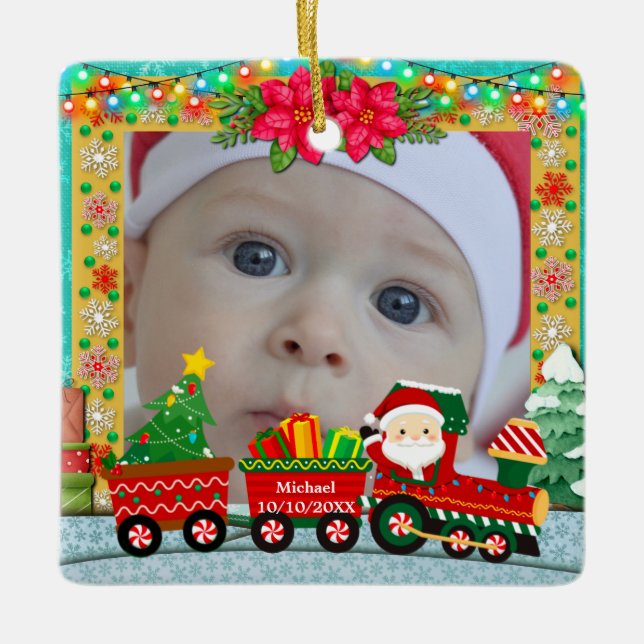 Personalized North Pole Express Photo Christmas Ceramic Ornament (Front)