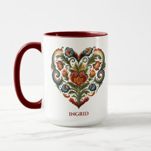 Personalized Norwegian Rosemaling Folk Art Heart Mug
