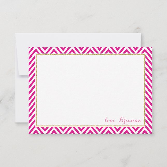 PERSONALIZED NOTE chervon pattern gold hot pink Invitation (Front)