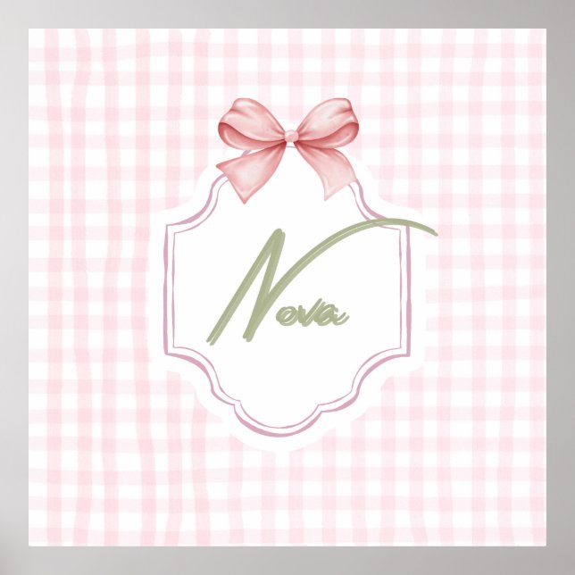 Personalized Nova Baby Girl Nursery Bow&Gingham  Poster (Front)