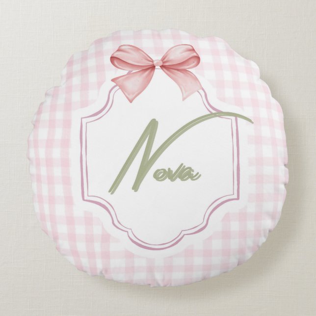Personalized Nova Baby Girl Nursery Bow&Gingham  Round Cushion (Front)