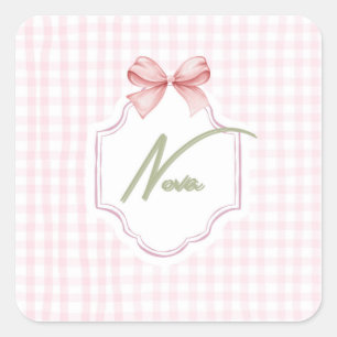Personalized Nova Baby Girl Nursery Bow&Gingham  Square Sticker