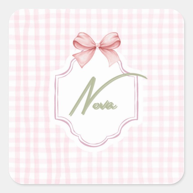 Personalized Nova Baby Girl Nursery Bow&Gingham  Square Sticker (Front)