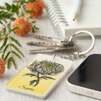 Personalized November Birth Flower Chrysanthemum Key Ring