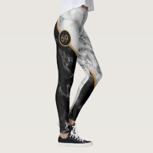 personalized Numbers Leggings Black White Marble