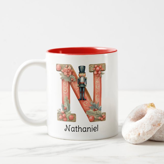 Personalized Nutcracker Monogram N Christmas  Two-Tone Coffee Mug (With Donut)