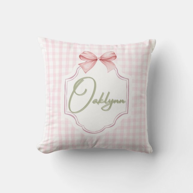 Personalized Oaklynn Baby Girl Nursery Bow&Gingham Cushion (Front)