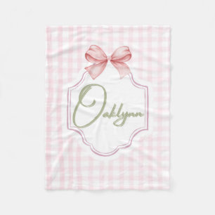 Personalized Oaklynn Baby Girl Nursery Bow&Gingham Fleece Blanket