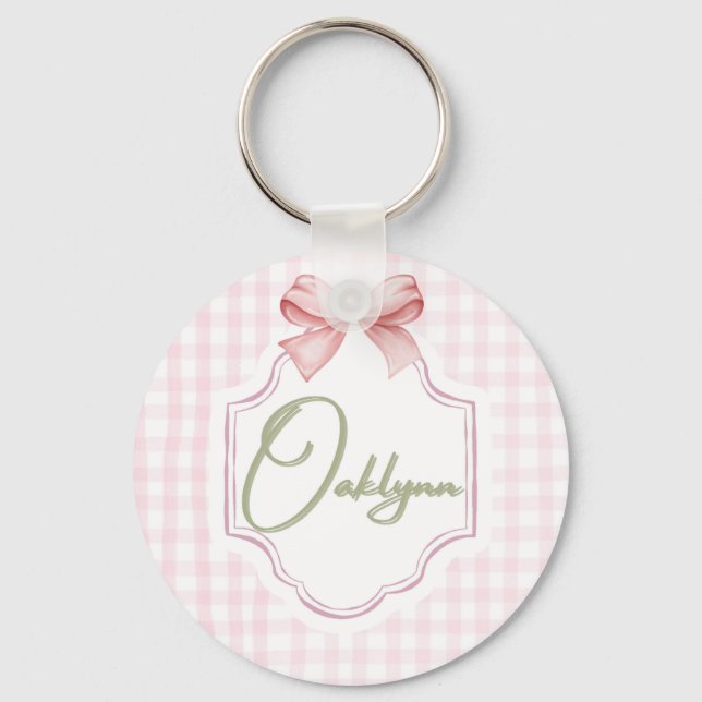 Personalized Oaklynn Baby Girl Nursery Bow&Gingham Key Ring (Front)
