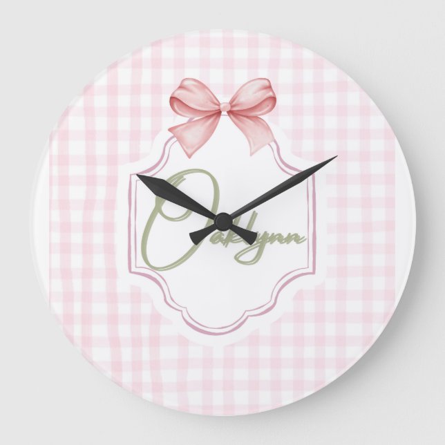 Personalized Oaklynn Baby Girl Nursery Bow&Gingham Large Clock (Front)