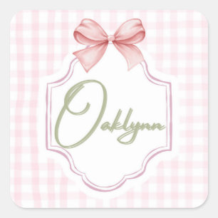 Personalized Oaklynn Baby Girl Nursery Bow&Gingham Square Sticker