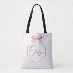 Personalized Oaklynn Baby Girl Nursery Bow&Gingham Tote Bag