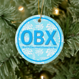 Personalized OBX Outer Banks NC Floral Blue Beach Ceramic Tree Decoration