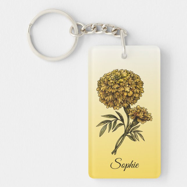 Personalized October Birth Flower Marigold Key Ring (Front)