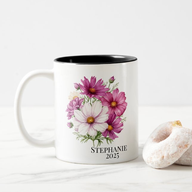 Personalized October Cosmos Birth Flower Mugs (With Donut)
