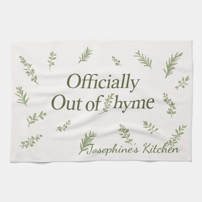 Personalized Officially Out of Thyme Funny Kitchen Tea Towel (Horizontal)
