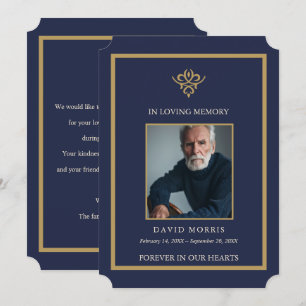 Personalized Old Money Navy Blue Funeral Photo Thank You Card