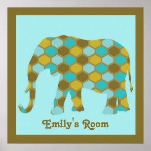Personalized Olive Green Blue Gold Elephant Poster