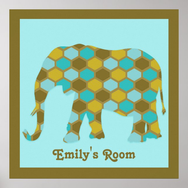 Personalized Olive Green Blue Gold Elephant Poster (Front)