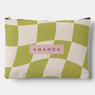 Personalized Olive Green Retro Checkered Wave Accessory Pouch