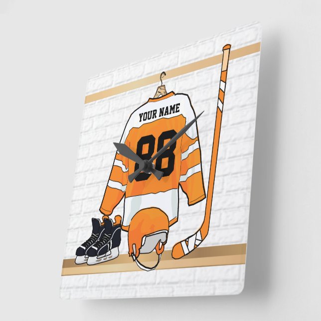 Personalized Orange and White Ice Hockey Jersey Square Wall Clock (Angle)