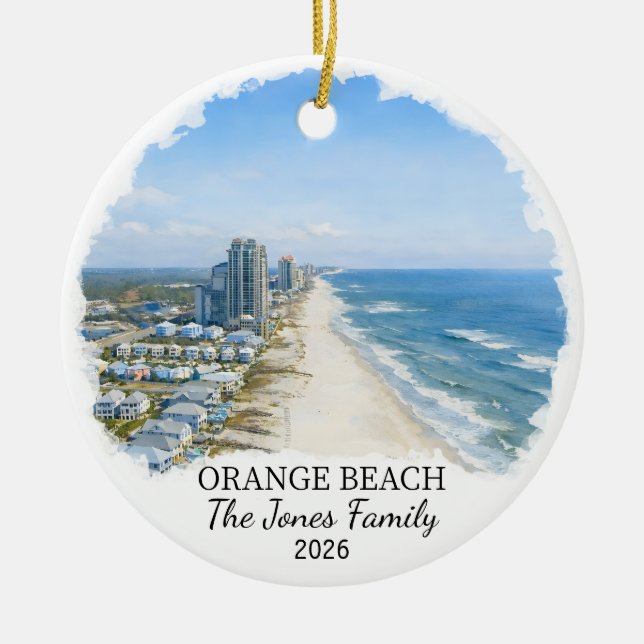 Personalized Orange Beach Ornament, Custom Alabama Ceramic Tree Decoration (Front)