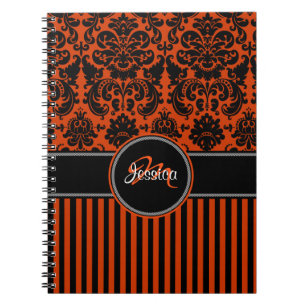 Personalized Orange Black White Striped Damask Notebook