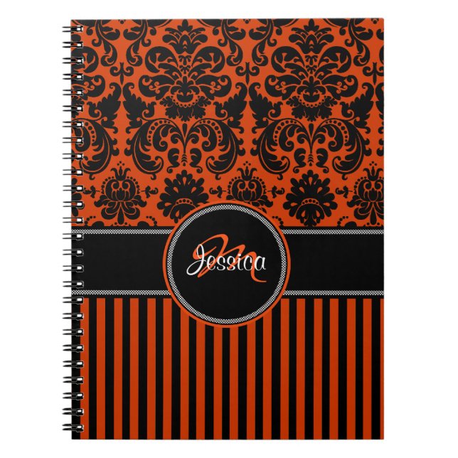 Personalized Orange Black White Striped Damask Notebook (Front)