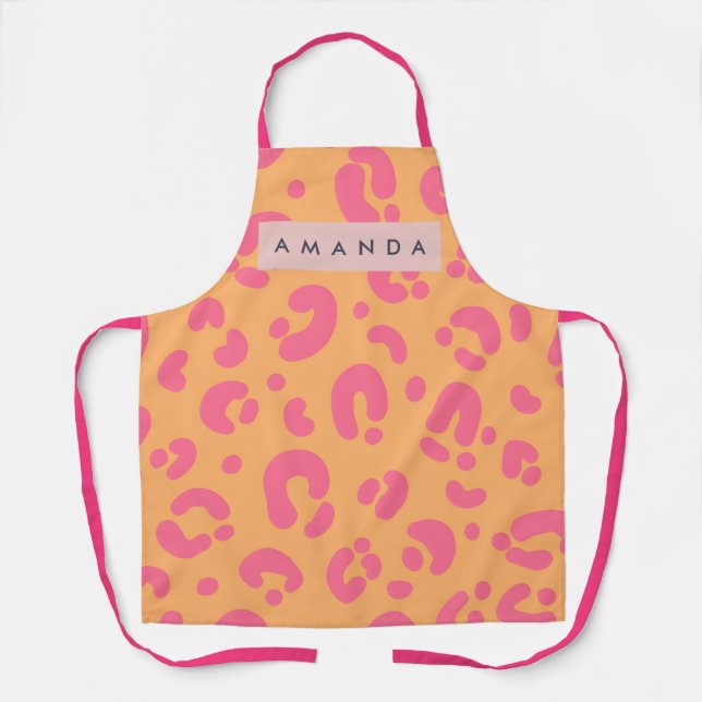 Personalized Orange Bold Pink Leopard Print Apron (Front)