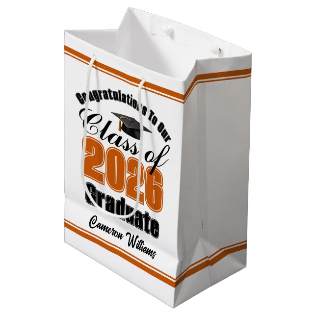 Personalized Orange Class of 2026 Graduation Medium Gift Bag (Front Angled)