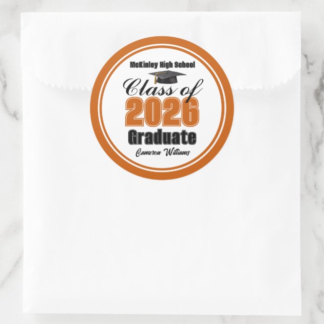 Personalized Orange Class of 2026 Graduation Party Classic Round Sticker (Bag)