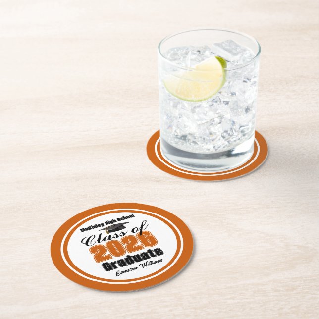 Personalized Orange Class of 2026 Graduation Party Round Paper Coaster (Insitu)