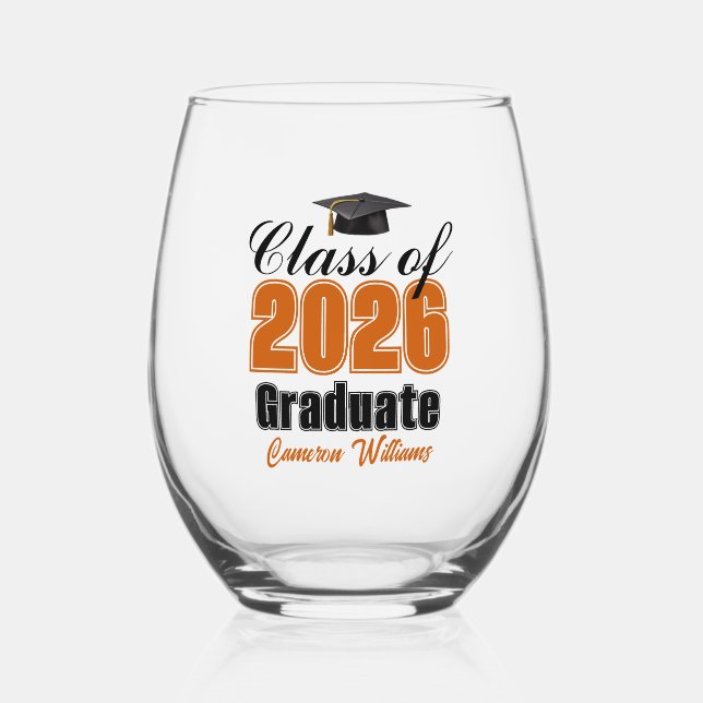 Personalized Orange Class of 2026 Graduation Stemless Wine Glass (Front)