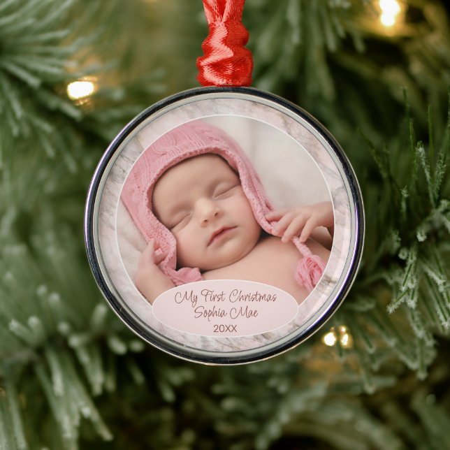 Personalized Ornament With Photo On Pink Marble (Tree)