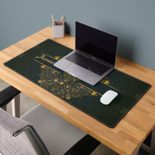 Personalized Ornate Green Gold Mandala Desk Mat